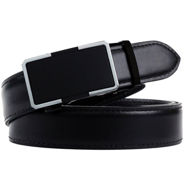 Hemener Men  Metal Buckle Black Genuine Leather Belt