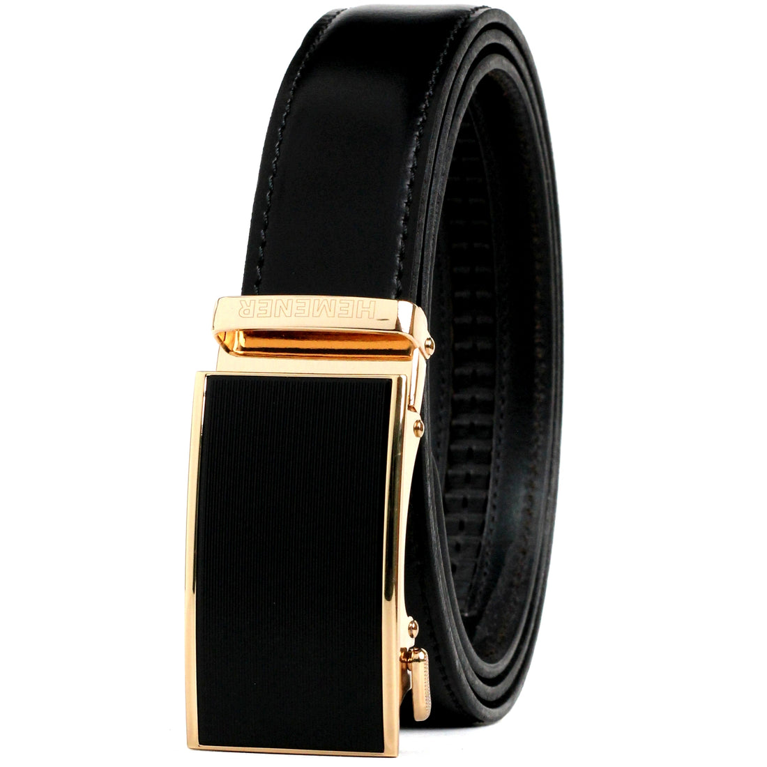 Hemener Men  Metal Buckle Black Genuine Leather Belt