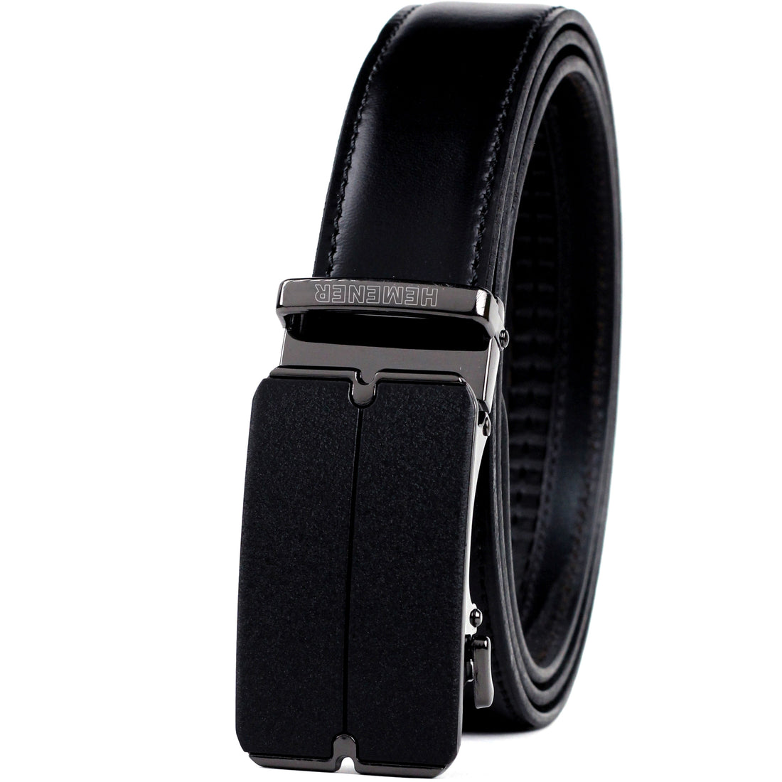 Hemener Men Metal Buckle  Black Genuine Leather Belt