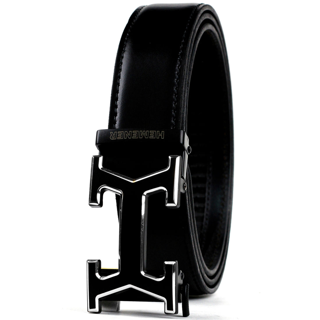 Hemener Men  Metal Buckle Black Genuine Leather Belt