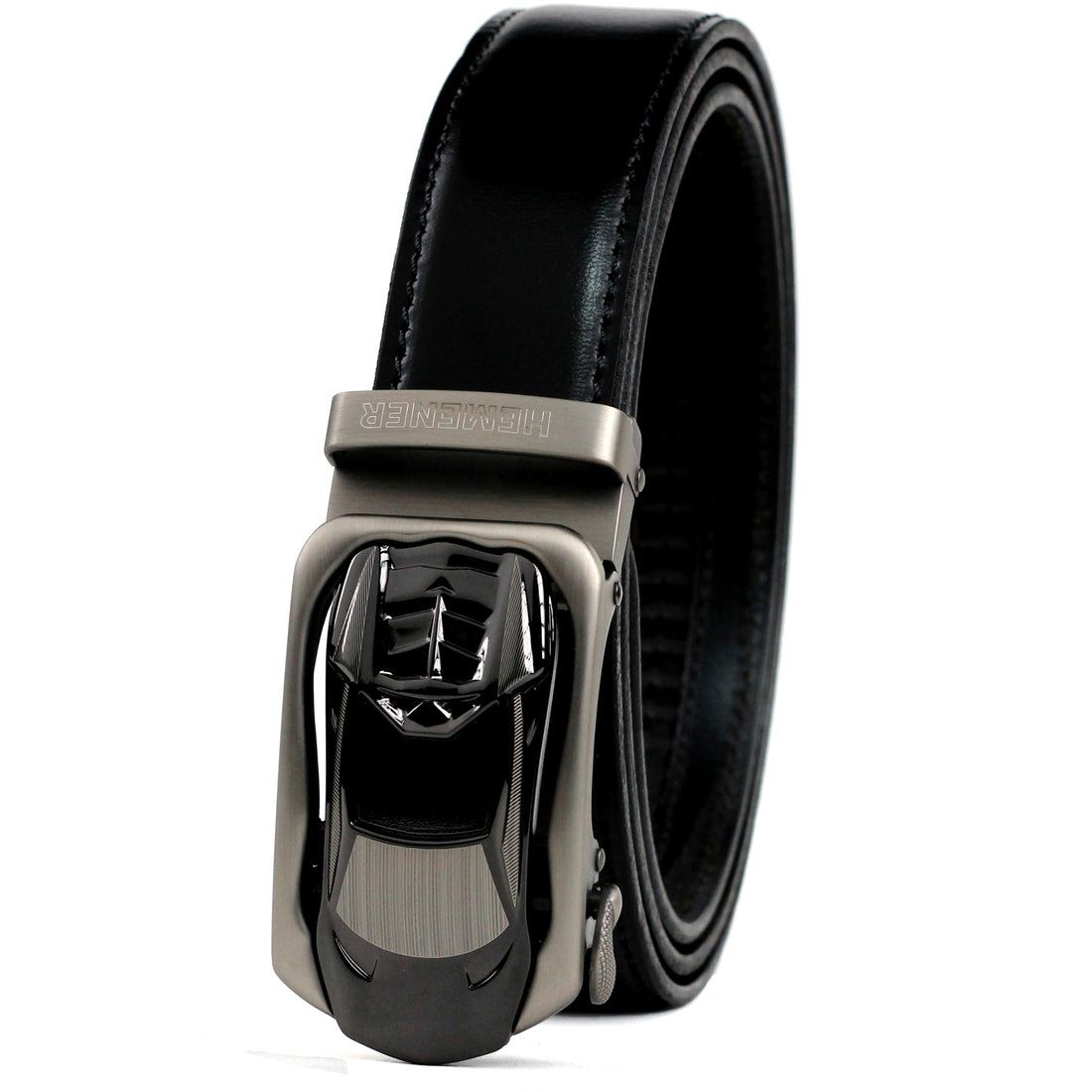 Hemener Men  Metal Buckle Black Genuine Leather Belt