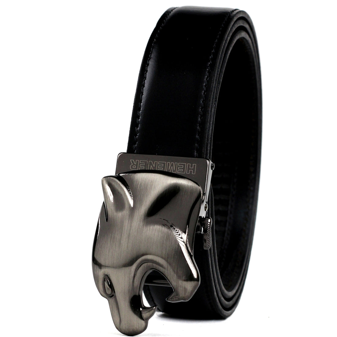 Hemener Men  Metal Buckle Black Genuine Leather Belt