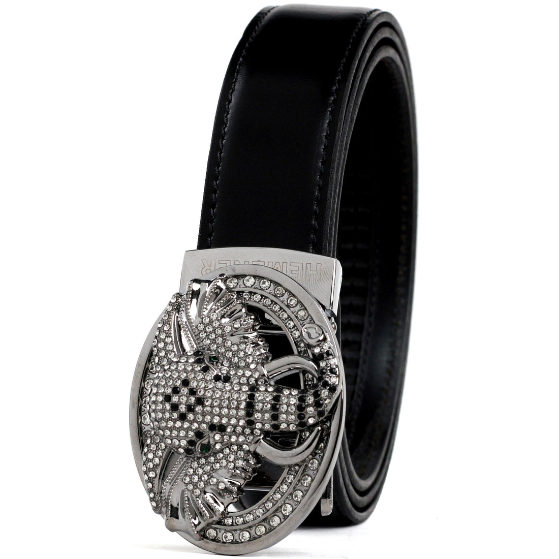 Hemener Men  Metal Buckle Black Genuine Leather Belt