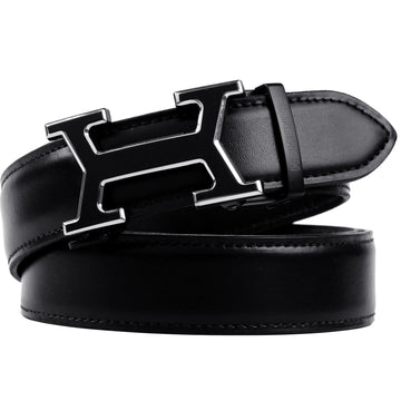 Hemener Men  Metal Buckle Black Genuine Leather Belt