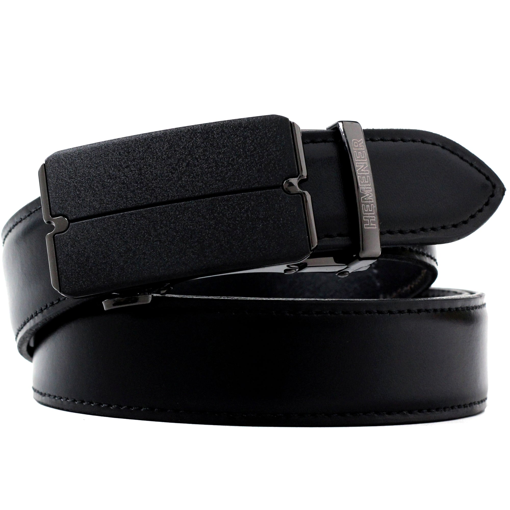 Hemener Men Metal Buckle  Black Genuine Leather Belt