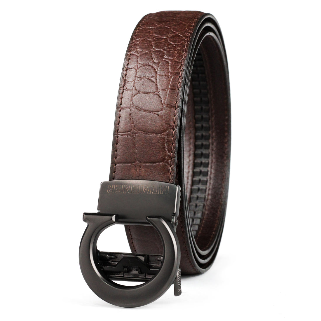 Hemener Men C Letter Metal Auto Grip Buckle Brown Croc Pattern Genuine Leather Belt