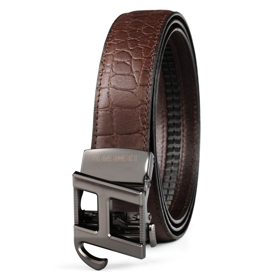 Hemener Men H Letter Metal Auto Grip Buckle Brown Croc Pattern Genuine Leather Belt