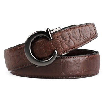 Hemener Men C Letter Metal Auto Grip Buckle Brown Croc Pattern Genuine Leather Belt