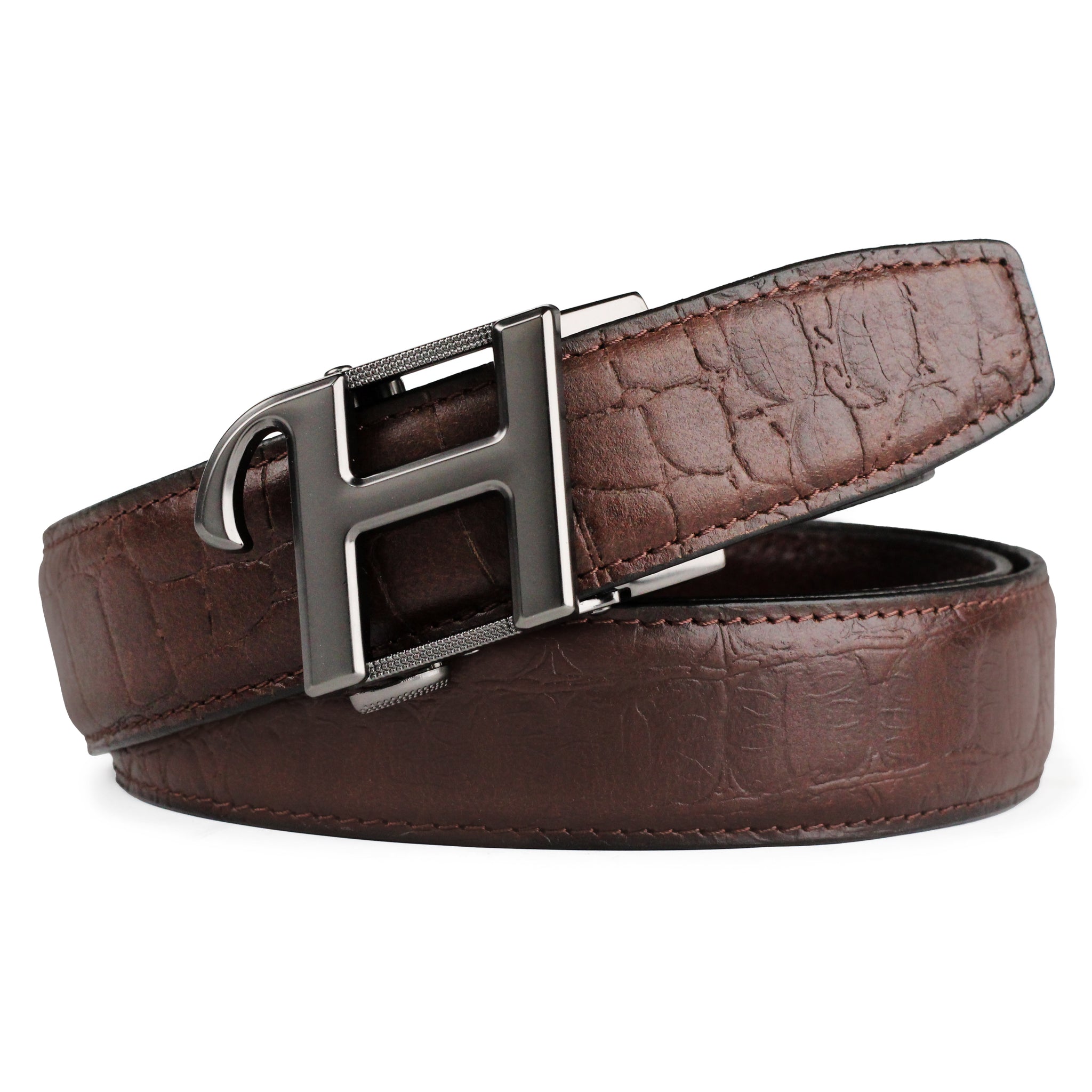 Hemener Men H Letter Metal Auto Grip Buckle Brown Croc Pattern Genuine Leather Belt