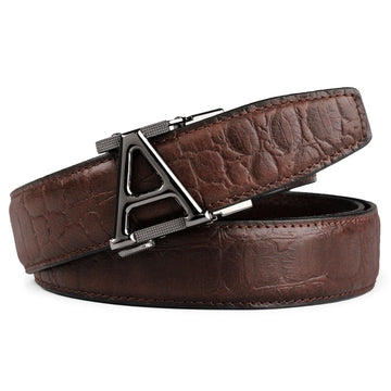 Hemener Men A Letter Metal Auto Grip Buckle Brown Croc Pattern Genuine Leather Belt