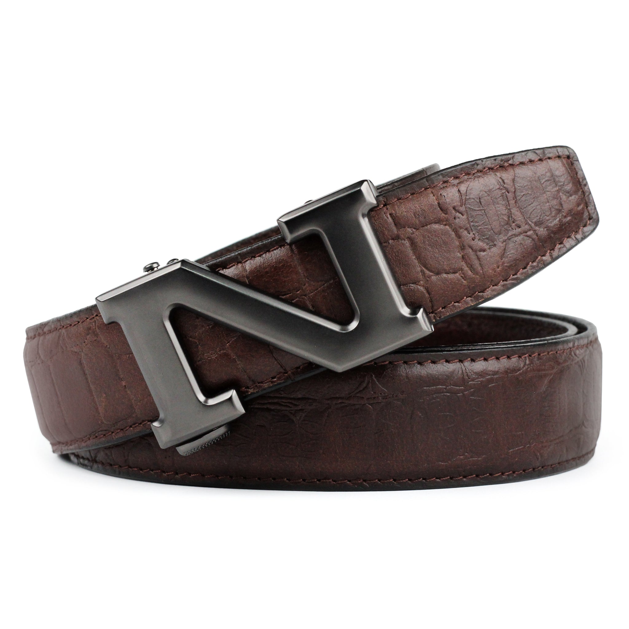 Hemener Men N Letter Metal Auto Grip Buckle Brown Croc Pattern Genuine Leather Belt