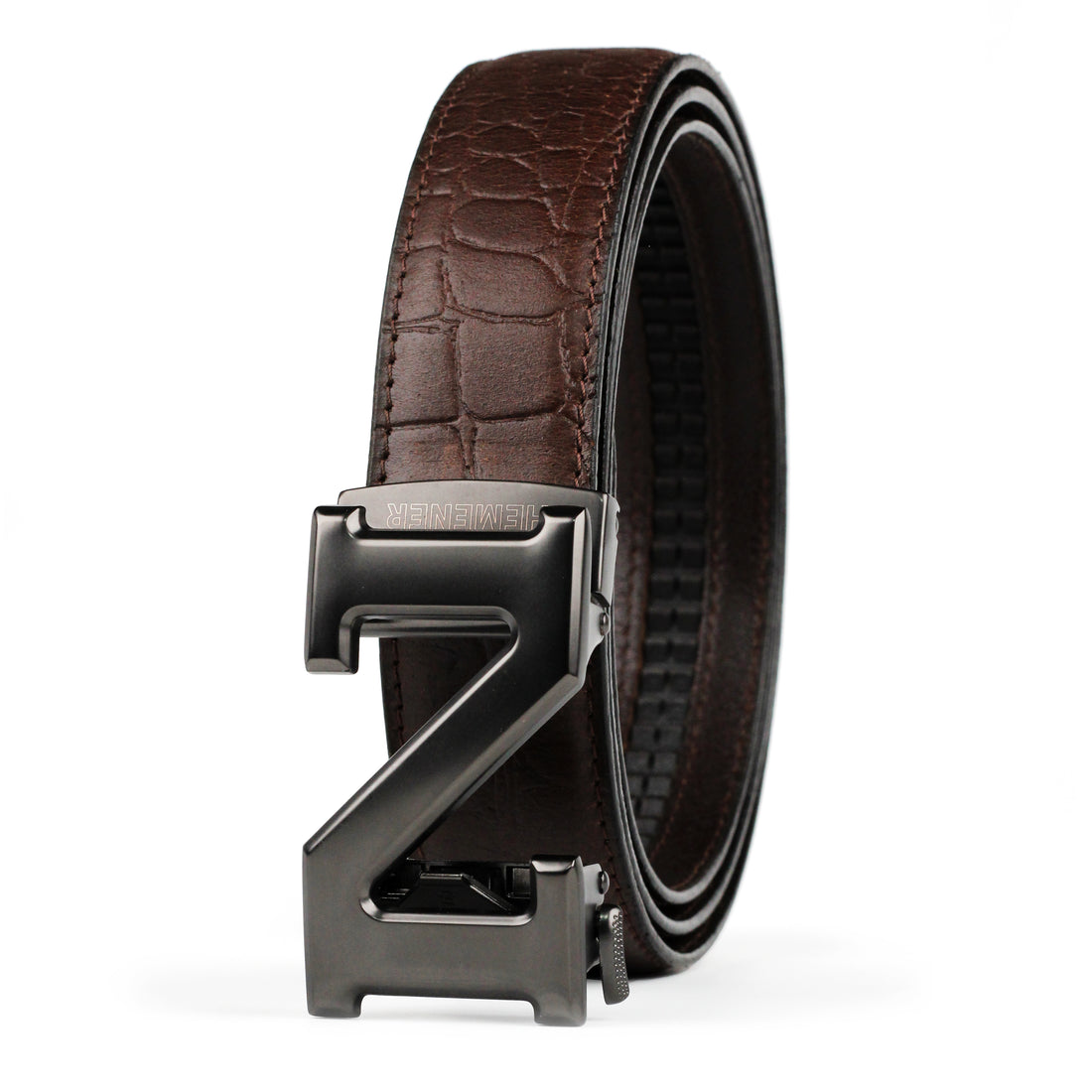 Hemener Men N Letter Metal Auto Grip Buckle Brown Croc Pattern Genuine Leather Belt