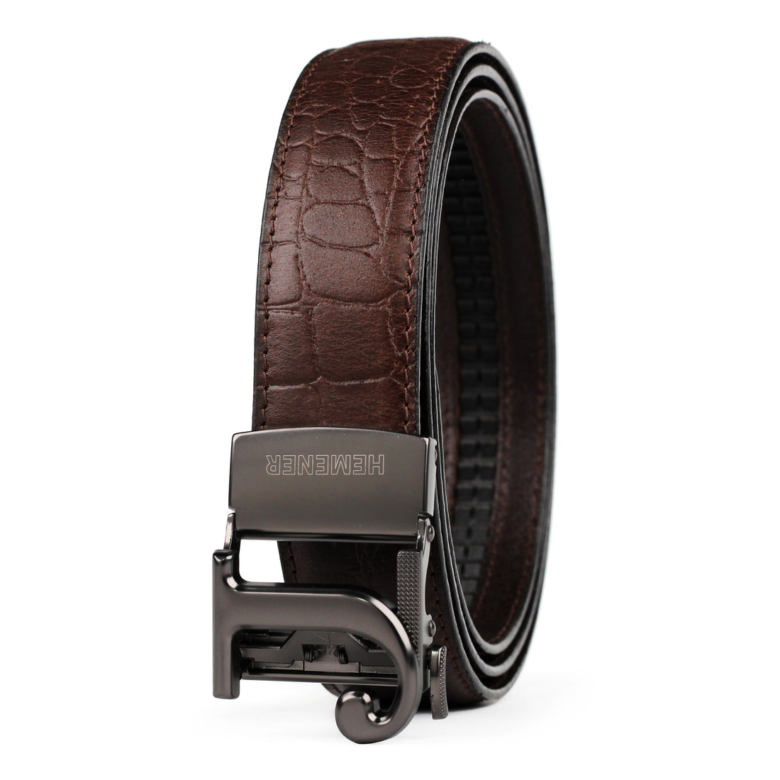 Hemener Men J Letter Metal Auto Grip Buckle Brown Croc Pattern Genuine Leather Belt