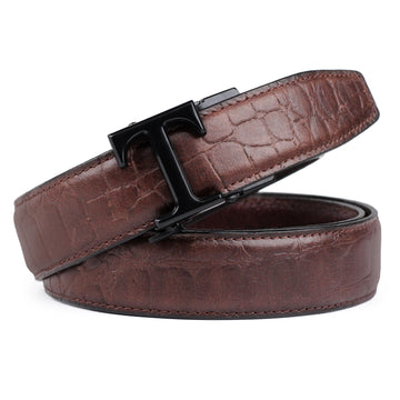 Hemener Men T Letter Metal Auto Grip Buckle Brown Croc Pattern Genuine Leather Belt