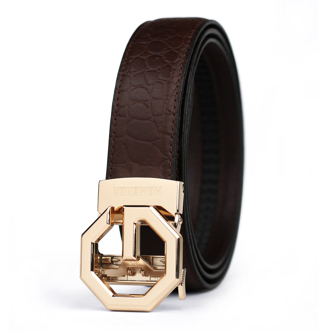 Hemener Men G Letter Metal Auto Grip Buckle Brown Croc Pattern Genuine Leather Belt