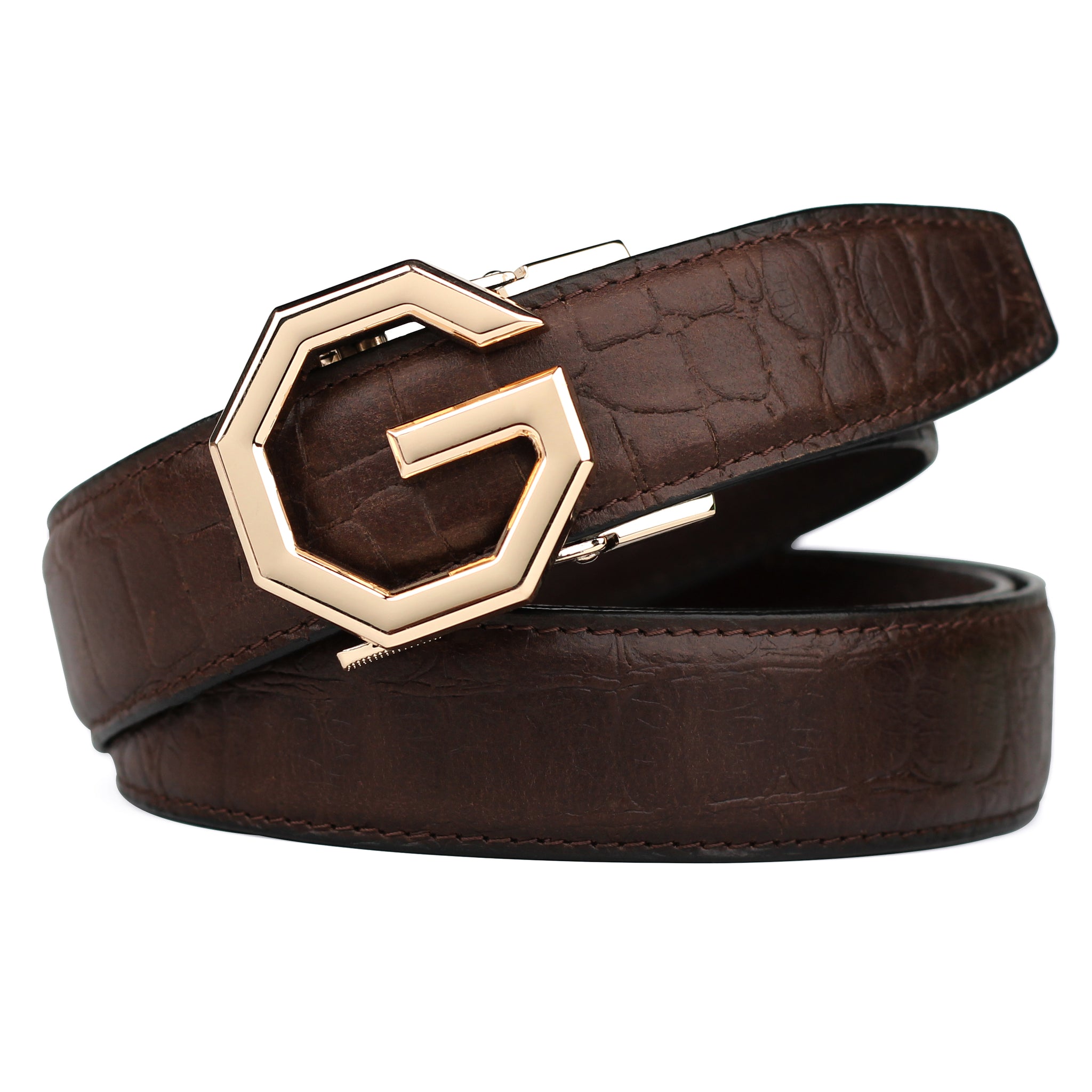 Hemener Men G Letter Metal Auto Grip Buckle Brown Croc Pattern Genuine Leather Belt