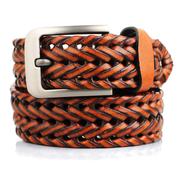 Hemener Men Brown Braided Genuine Leather Belt