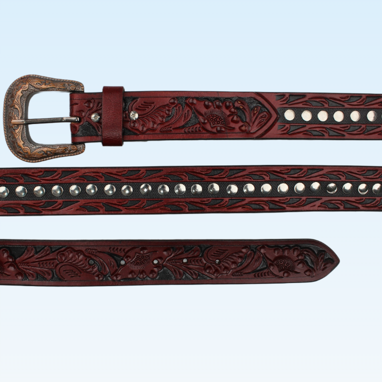 Hemener Men Engraved Metal Buckle Dark Brown Genuine Leather Belt