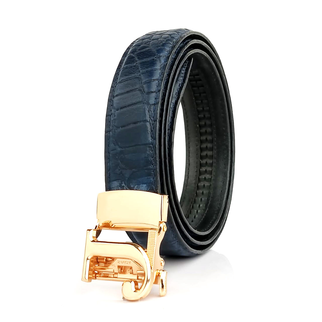 Hemener Men J  Letter Metal Auto Grip Buckle Blue Croc Pattern Genuine Leather Belt