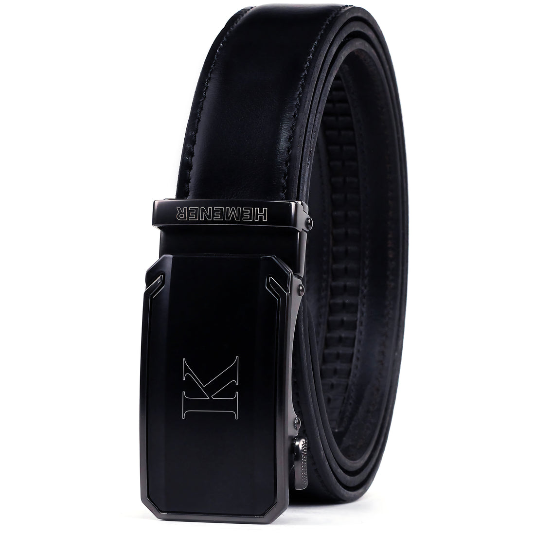 Hemener Men K Letter Metal Buckle Black Genuine Leather Belt