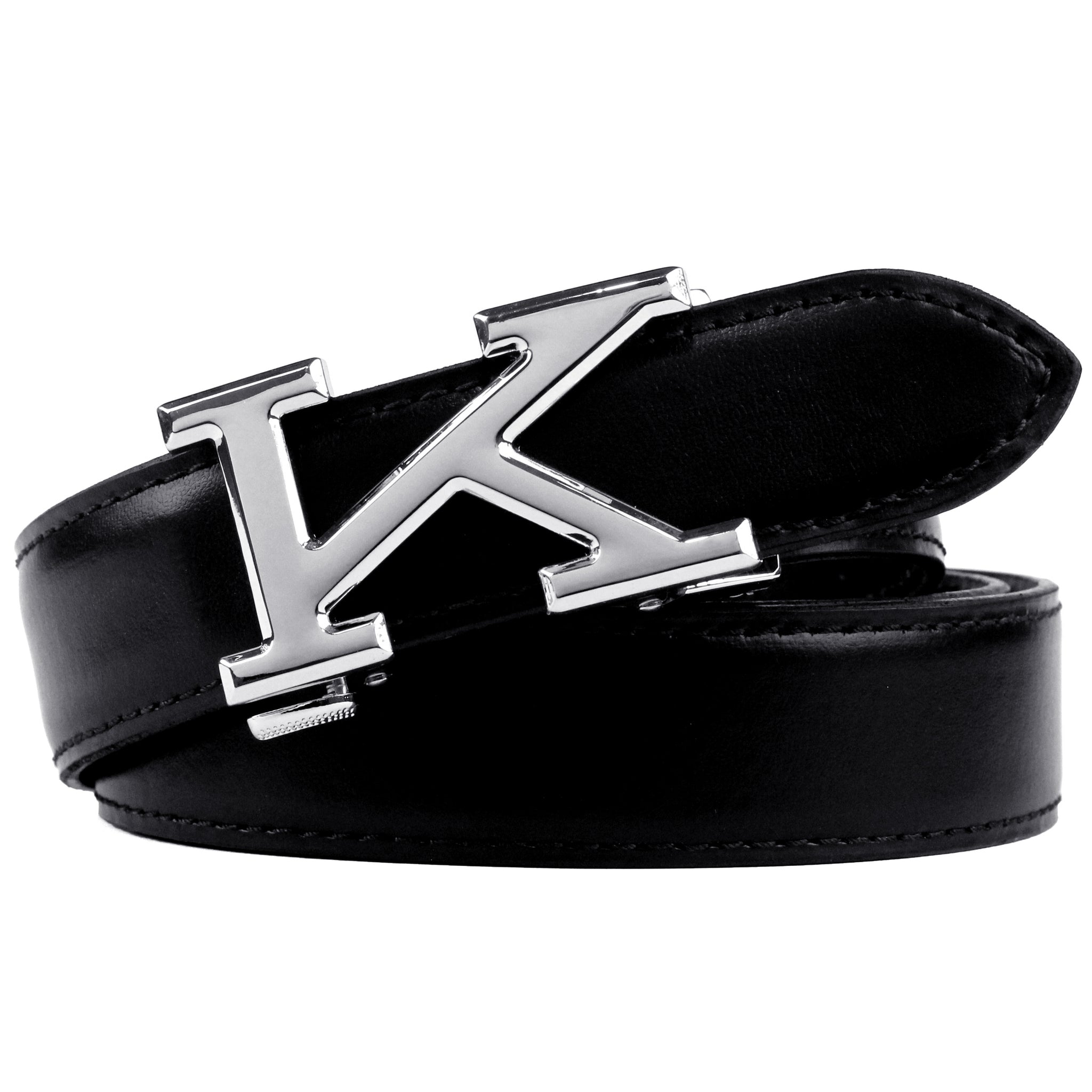 Hemener Men K Letter Metal Buckle Black Genuine Leather Belt
