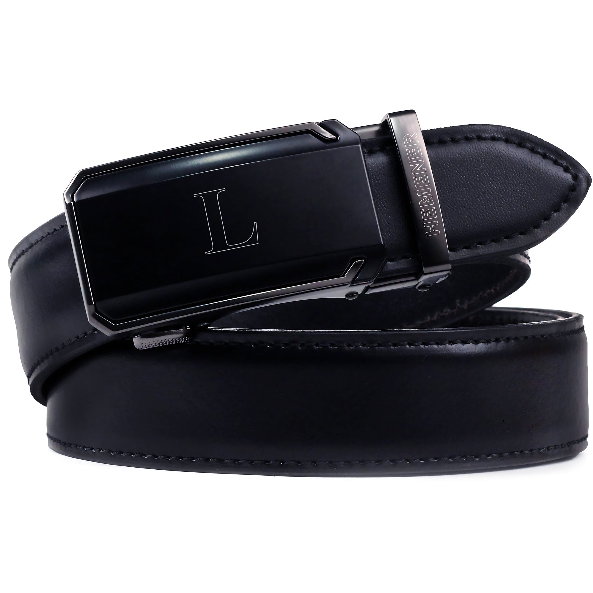 Hemener Men L Letter Metal Buckle Black Genuine Leather Belt