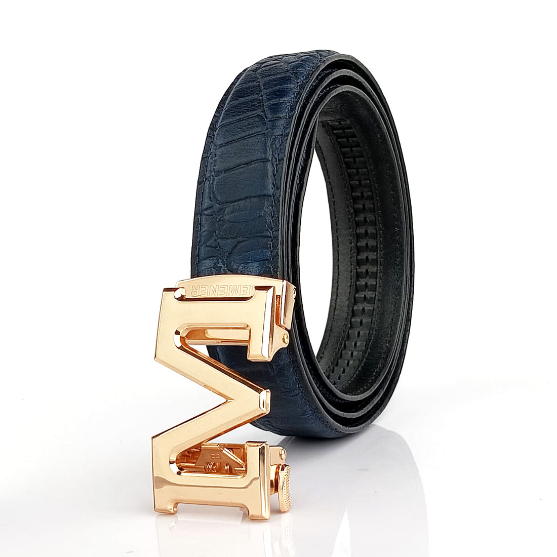 Hemener Men  M  Letter Metal Auto Grip Buckle Blue Croc Pattern Genuine Leather Belt