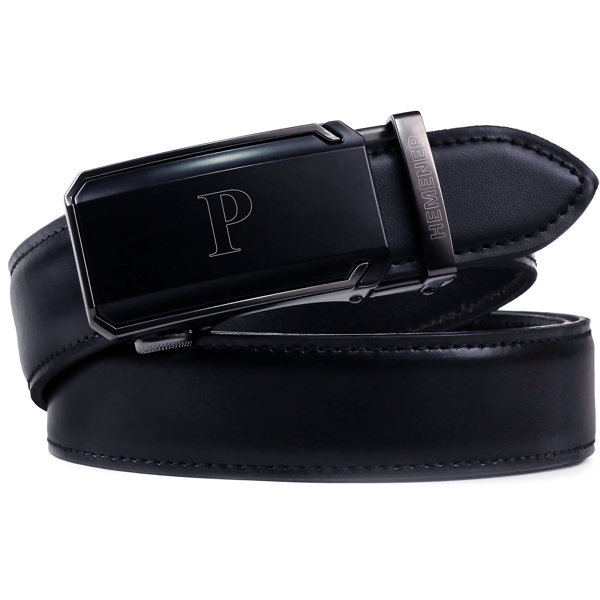 Hemener Men   P   Letter Metal Buckle Black Genuine Leather