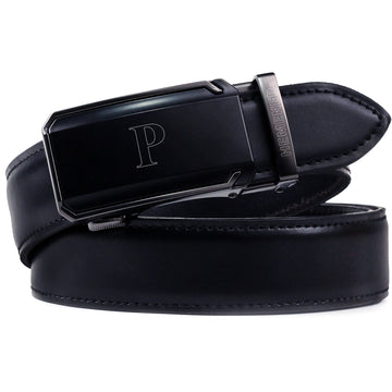 Hemener Men   P   Letter Metal Buckle Black Genuine Leather