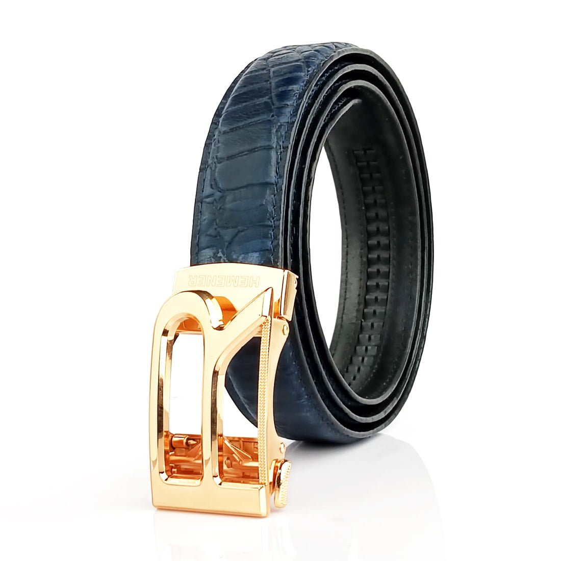 Hemener Men R  Letter Metal Auto Grip Buckle Blue Croc Pattern Genuine Leather Belt