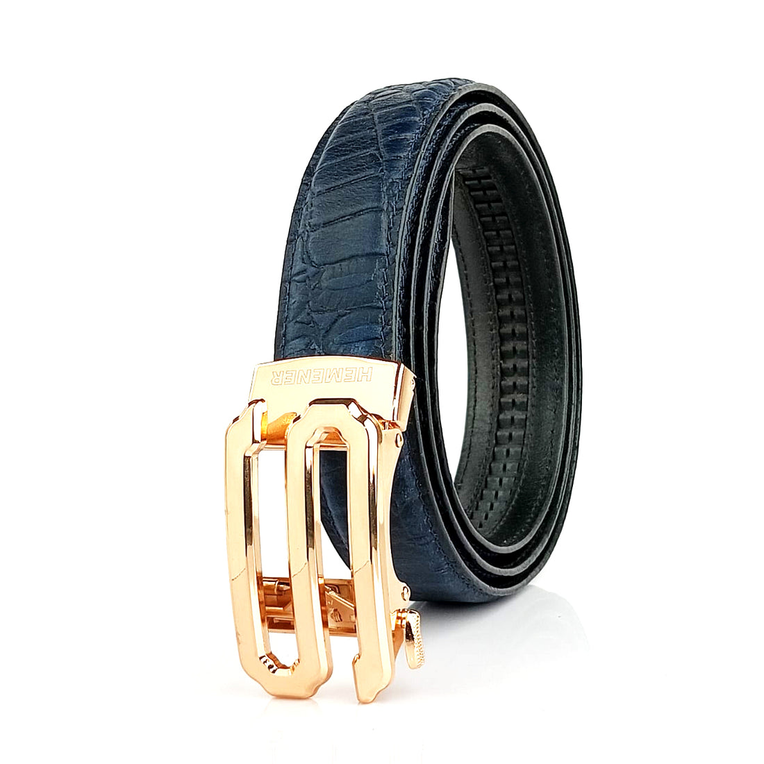 Hemener Men  S  Letter Metal Auto Grip Buckle Blue Croc Pattern Genuine Leather Belt