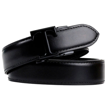 Hemener Men T Letter Metal Buckle Black Genuine Leather Belt