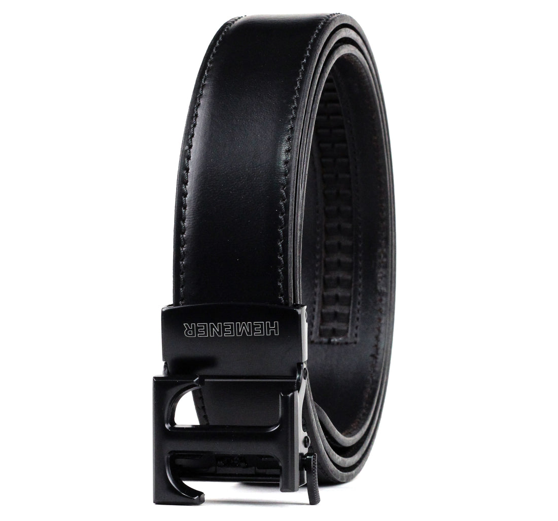 Hemener Men T Letter Metal Buckle Black Genuine Leather Belt