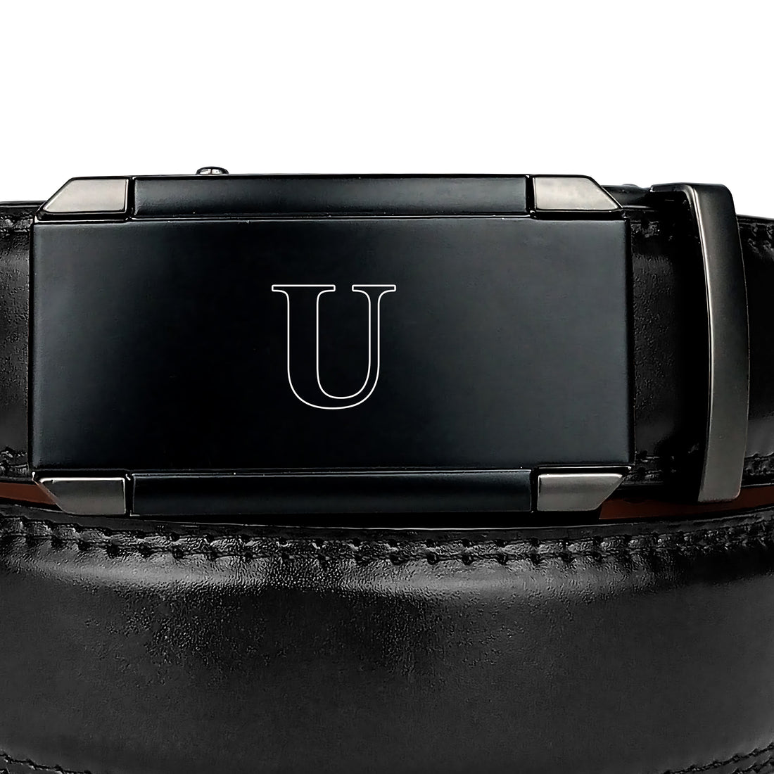 Hemener Men U Letter Metal Auto Grip Buckle Black Texas Leather Belt