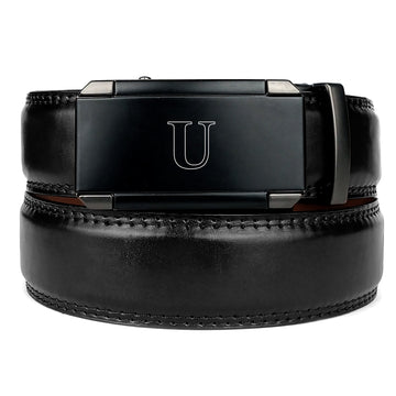 Hemener Men U Letter Metal Auto Grip Buckle Black Texas Leather Belt