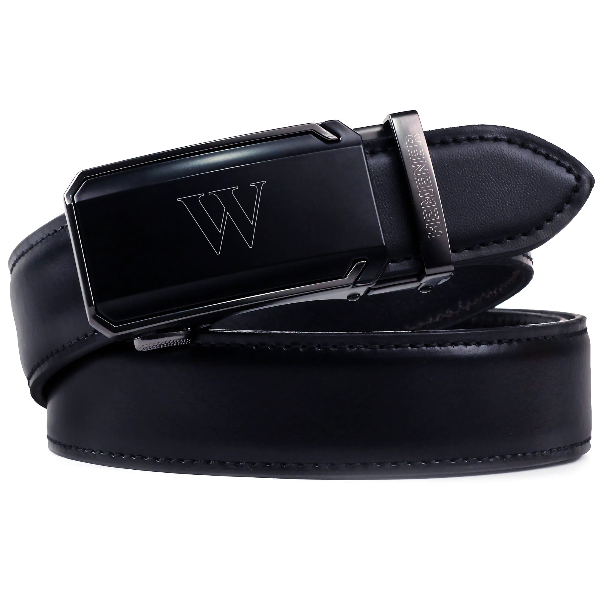 Hemener Men  W Letter Metal Buckle Black Genuine Leather