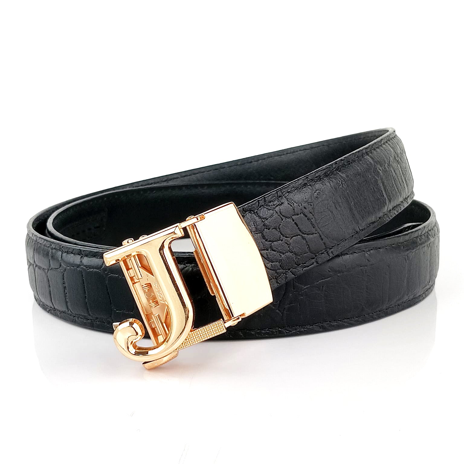 Hemener Men J Letter Metal Auto Grip Buckle Black Croc Pattern Genuine Leather Belt