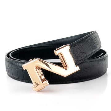 Hemener Men  N Letter Metal Auto Grip Buckle Black Croc Pattern Genuine Leather Belt