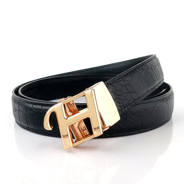 Hemener Men  H Letter Metal Auto Grip Buckle Black Croc Pattern Genuine Leather Belt