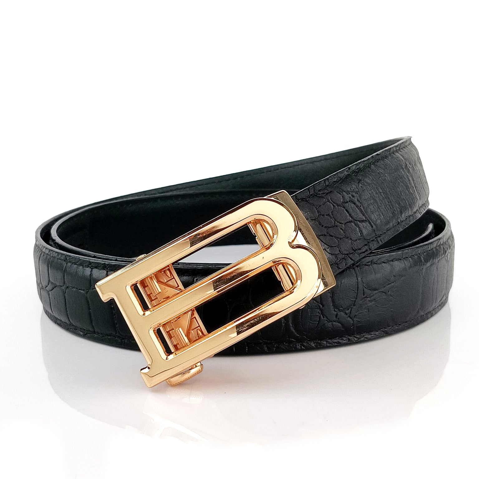 Hemener Men B Letter Metal Auto Grip Buckle Black Croc Pattern Genuine Leather Belt