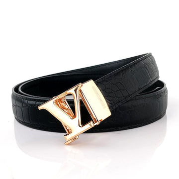 Hemener Men  V  Letter Metal Auto Grip Buckle Black Croc Pattern Genuine Leather Belt