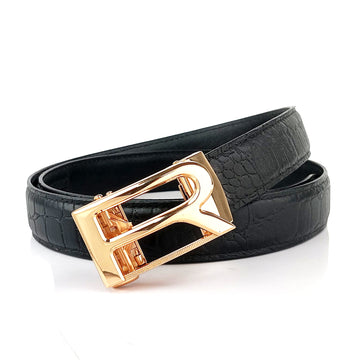 Hemener Men  R Letter Metal Auto Grip Buckle Black Croc Pattern Genuine Leather Belt