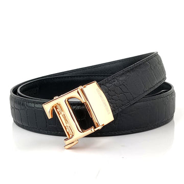 Hemener Men  T  Letter Metal Auto Grip Buckle Black Croc Pattern Genuine Leather Belt