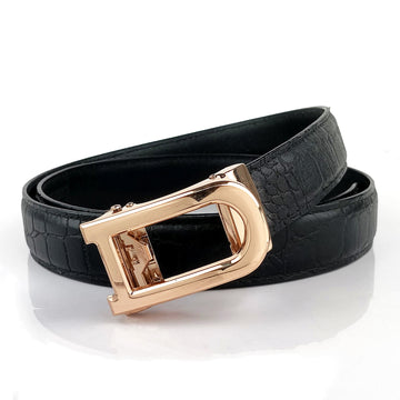 Hemener Men  D Letter Metal Auto Grip Buckle Black Croc Pattern Genuine Leather Belt