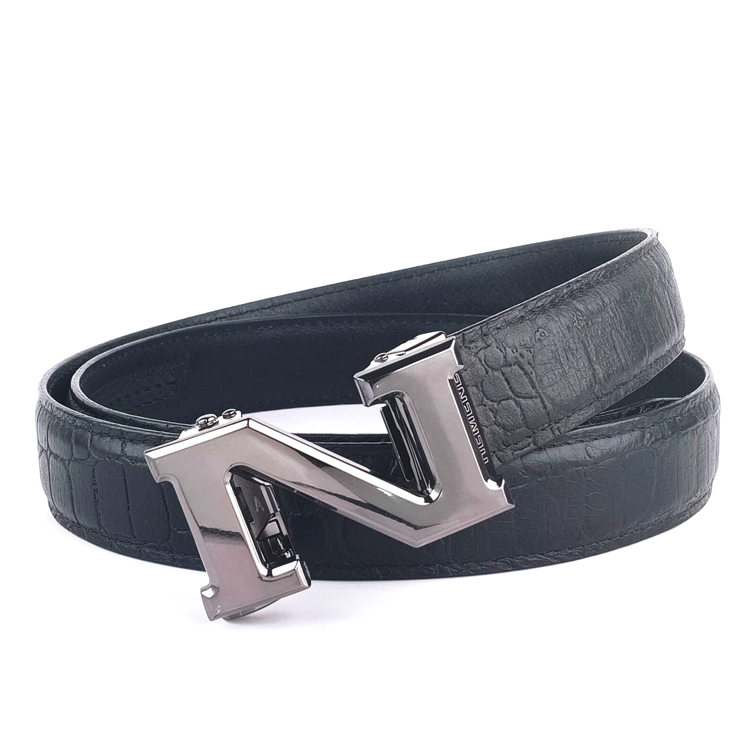 Hemener Men  N  Letter Metal Auto Grip Buckle Black Croc Pattern Genuine Leather Belt