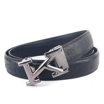 Hemener Men  K  Letter Metal Auto Grip Buckle Black Croc Pattern Genuine Leather Belt