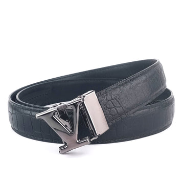 Hemener Men  V  Letter Metal Auto Grip Buckle Black Croc Pattern Genuine Leather Belt