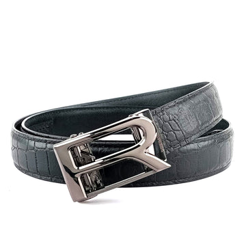 Hemener Men R  Letter Metal Auto Grip Buckle Black Croc Pattern Genuine Leather Belt