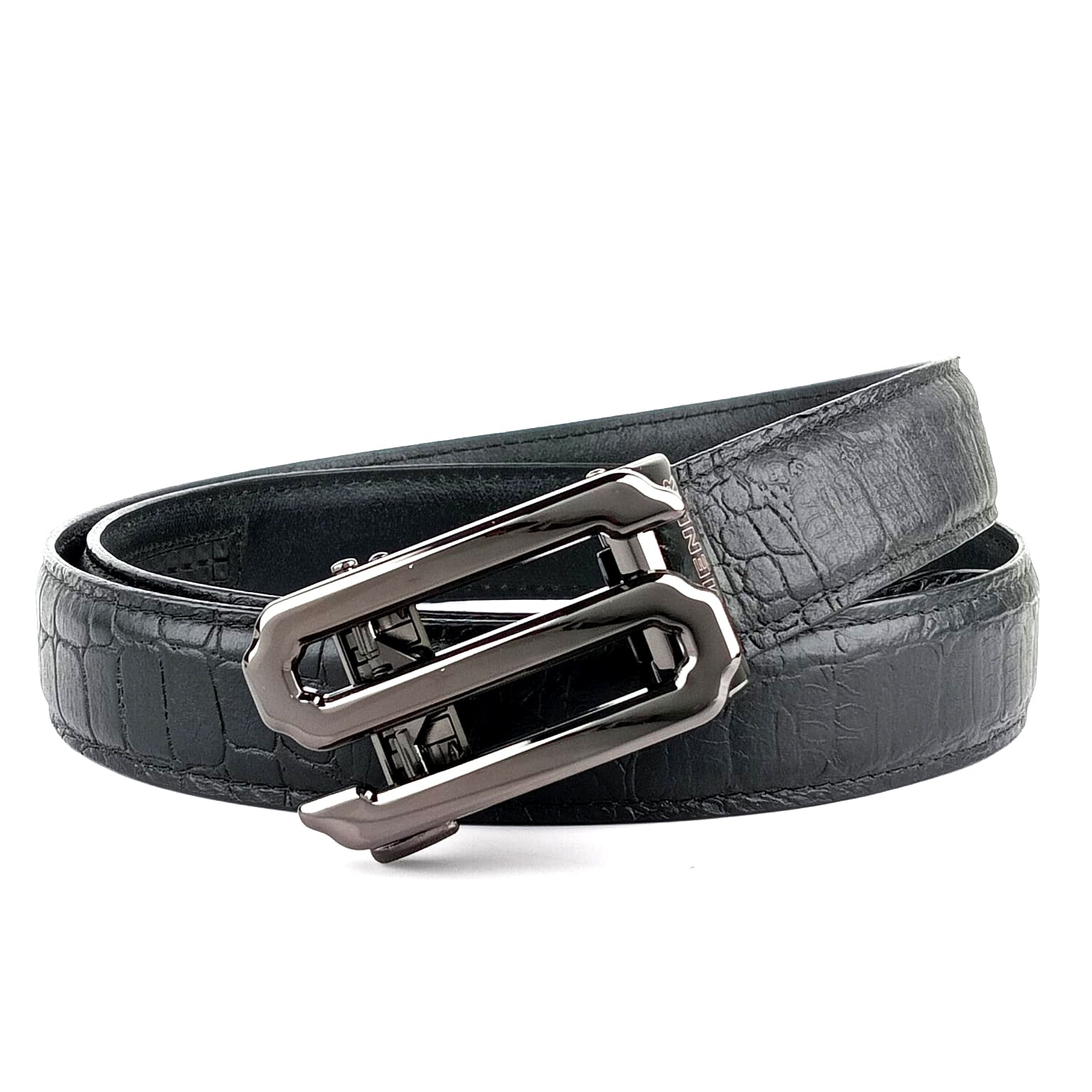 Hemener Men  S  Letter Metal Auto Grip Buckle Black Croc Pattern Genuine Leather Belt