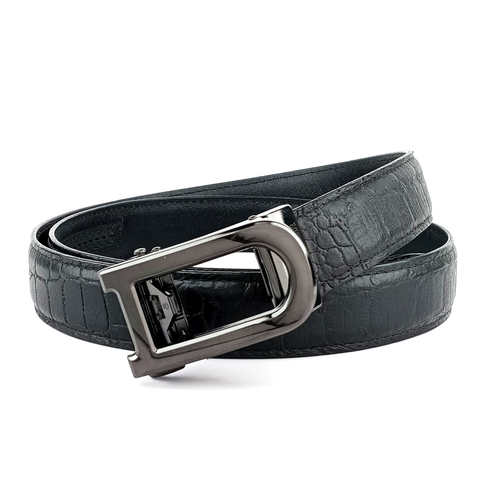 Hemener Men  D  Letter Metal Auto Grip Buckle Black Croc Pattern Genuine Leather Belt